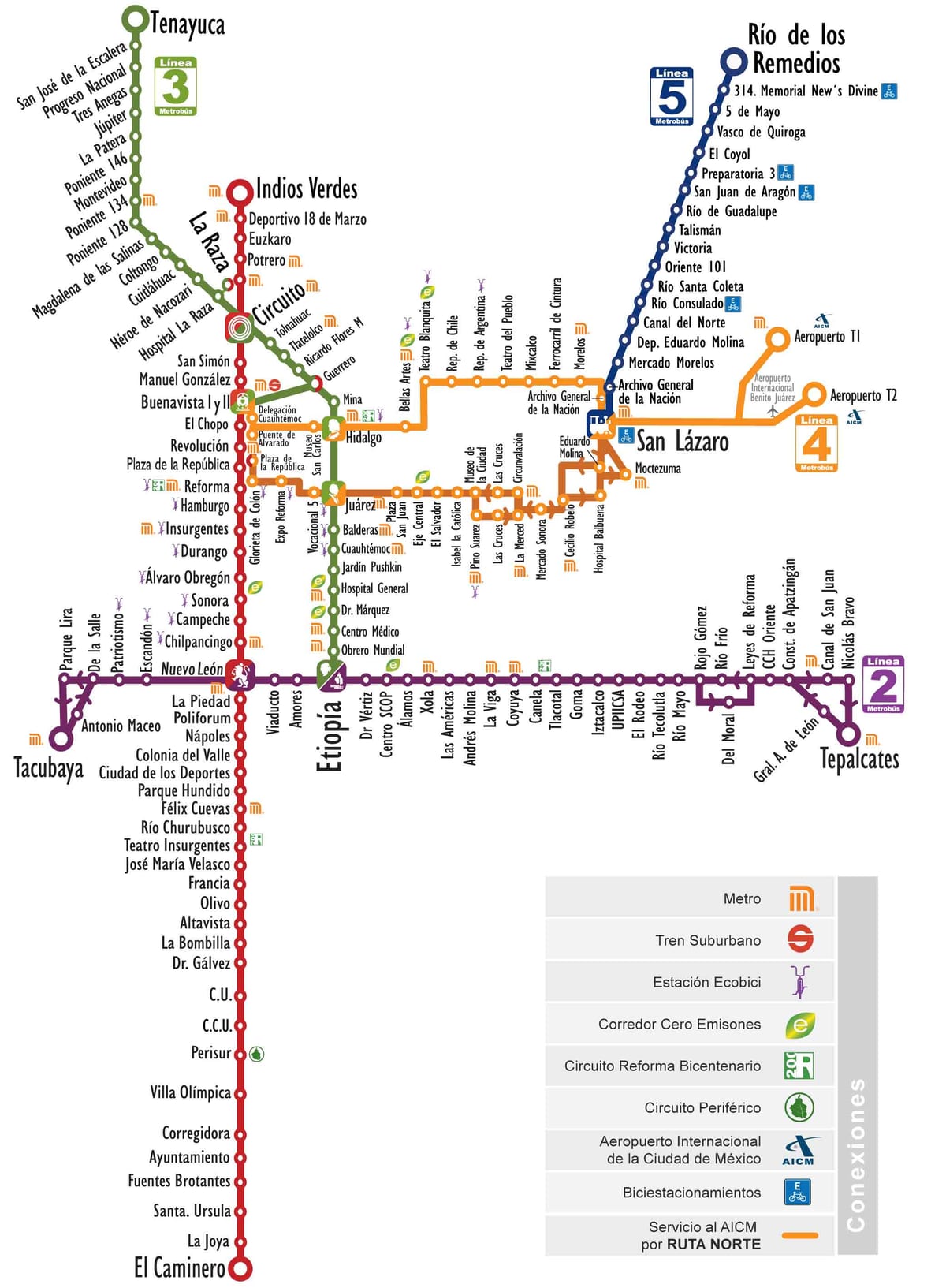 خريطة شبكة Metrobús في مدينة مكسيكو